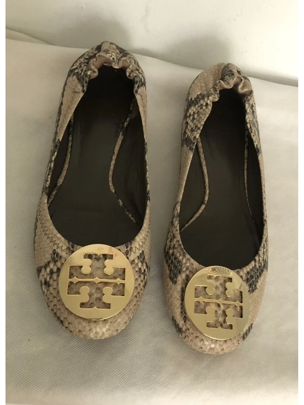 Tory Burch Minnie Travel Flats Snake Print Leather Gold Logo Size 8 - 8.5 EUC